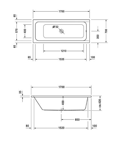 DURAVIT D-CODE vana 170x70 cm, bez nožiček, akrylát 700097000000000 Technický nákres