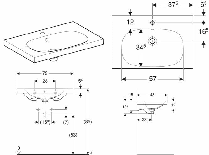 GEBERIT ACANTO umyvadlo 75 cm, s otvorem pro baterii a přepadem, KeraTect 500.622.01.8 Technický nákres