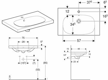 GEBERIT ACANTO umyvadlo 75 cm, s otvorem pro baterii a přepadem, KeraTect 500.622.01.8 Technický nákres