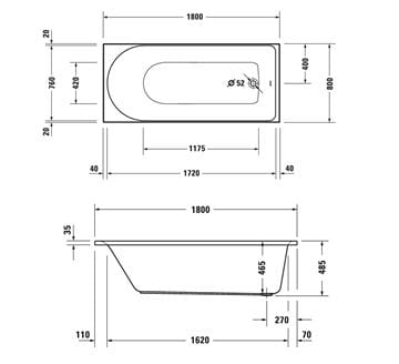DURAVIT D-NEO vana 180x80, cm, bez nožiček, akrylát 700475000000000 Technický nákres