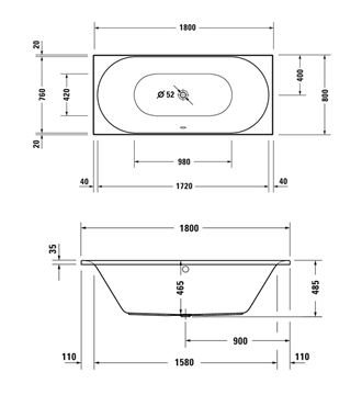DURAVIT D-NEO vana 180x80 cm, pro 2 osoby, bez nožiček, akrylát 700476000000000 Technický nákres
