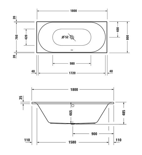 DURAVIT D-NEO vana 180x80 cm, pro 2 osoby, bez nožiček, akrylát 700476000000000 Technický nákres