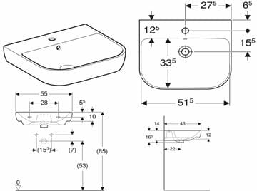 GEBERIT SMYLE umyvadlo 55 cm, s otvorem pro baterii a přepadem 500.227.01.1 Technický nákres