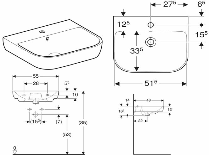 GEBERIT SMYLE umyvadlo 55 cm, s otvorem pro baterii a přepadem 500.227.01.1 Technický nákres