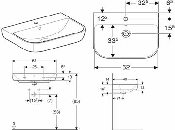 GEBERIT SMYLE umyvadlo 65 cm, s otvorem pro baterii a přepadem 500.230.01.1 Technický nákres