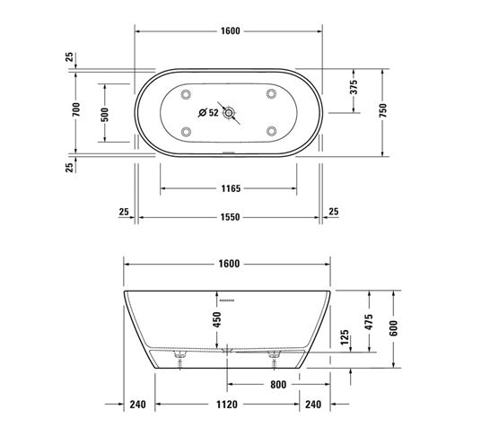 DURAVIT D-NEO volně stojící vana 160x75 cm, pro 2 osoby, DuraSolid 700477000000000 Technický nákres