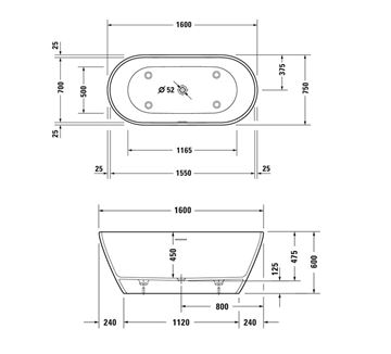 DURAVIT D-NEO volně stojící vana 160x75 cm, pro 2 osoby, DuraSolid 700477000000000 Technický nákres