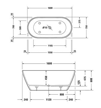 DURAVIT D-NEO volně stojící vana 160x75 cm, pro 2 osoby, DuraSolid 700486000000000 Technický nákres