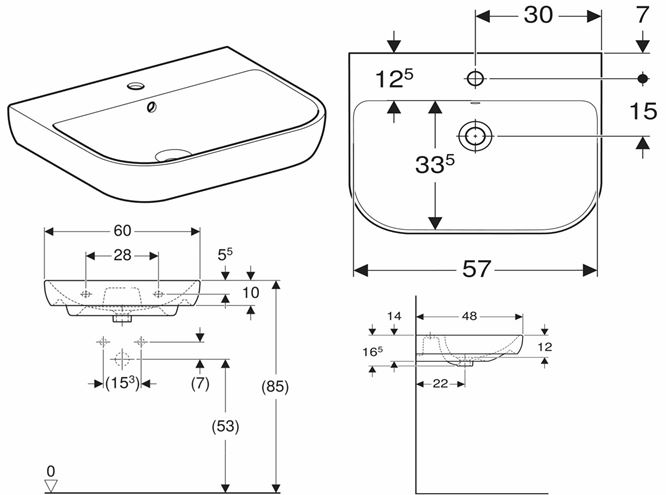 GEBERIT SMYLE umyvadlo 60 cm, s otvorem pro baterii a přepadem 500.228.01.1 Technický nákres