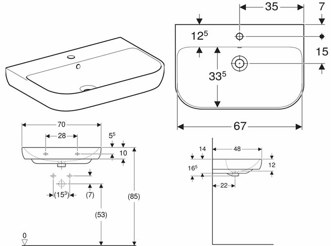 GEBERIT SMYLE umyvadlo 70 cm, s otvorem pro baterii a přepadem 500.248.01.1 Technický nákres