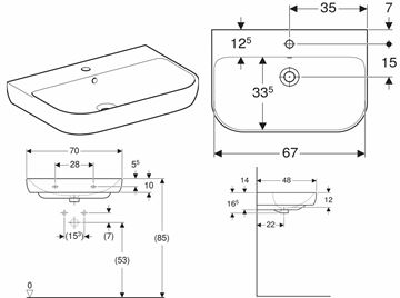 GEBERIT SMYLE umyvadlo 70 cm, s otvorem pro baterii a přepadem 500.248.01.1 Technický nákres