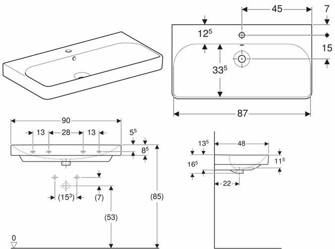 GEBERIT SMYLE SQUARE umyvadlo 90 cm, s otvorem pro baterii a přepadem 500.251.01.1 Technický nákres