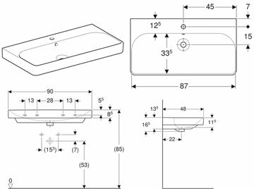 GEBERIT SMYLE SQUARE umyvadlo 90 cm, s otvorem pro baterii a přepadem 500.251.01.1 Technický nákres