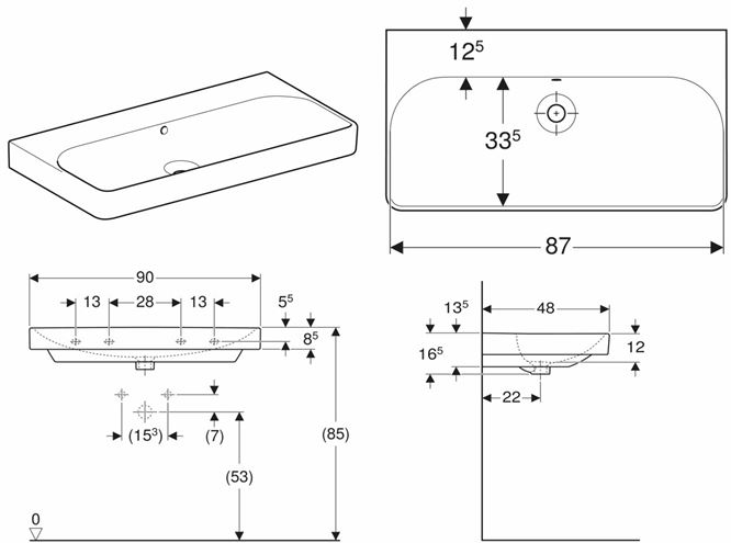 GEBERIT SMYLE SQUARE umyvadlo 90 cm, s přepadem 500.250.01.1 Technický nákres