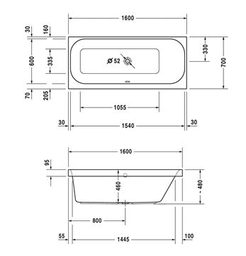 DURAVIT HAPPY D.2 vana 160x70 cm, bez nožiček, akrylát 700309000000000 Technický nákres