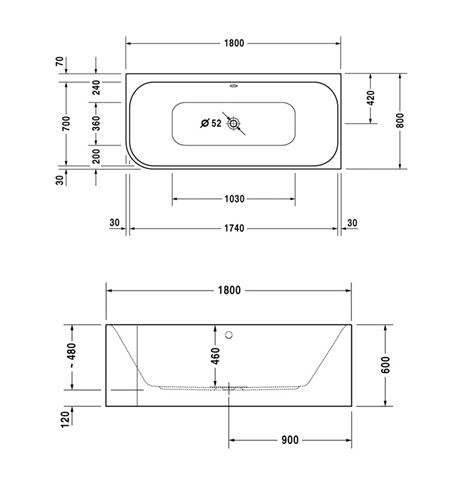 DURAVIT HAPPY D.2 rohová vana 180x80 cm, pro 2 osoby, s nožičkami, akrylát 700317000000000 Technický nákres