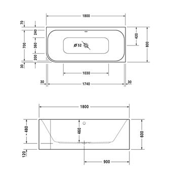 DURAVIT HAPPY D.2 rohová vana 180x80 cm, pro 2 osoby, s nožičkami, akrylát 700317000000000 Technický nákres