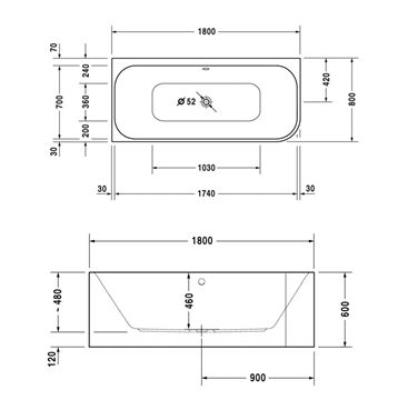 DURAVIT HAPPY D.2 rohová vana 180x80 cm, pro 2 osoby, s panelem a nožičkami, akrylát 700316000000000 Technický nákres