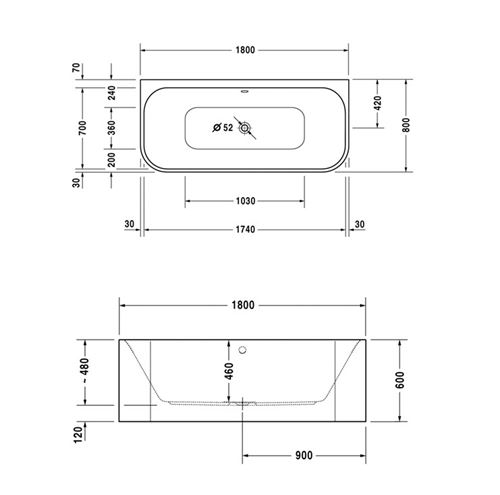 DURAVIT HAPPY D.2 vana 180x80 cm, pro 2 osoby, s nožičkami, akrylát 700318000000000 Technický nákres