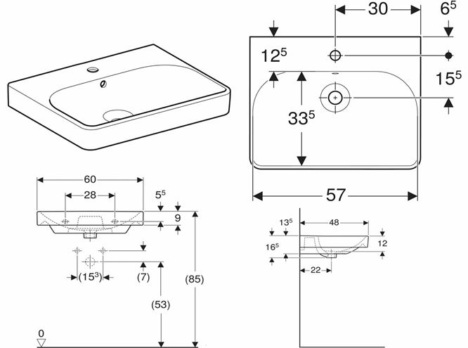 GEBERIT SMYLE SQUARE umyvadlo 60 cm, s otvorem pro baterii a přepadem 500.229.01.1 Technický nákres