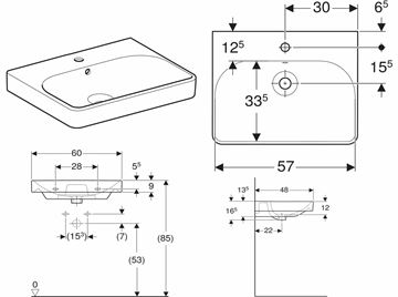 GEBERIT SMYLE SQUARE umyvadlo 60 cm, s otvorem pro baterii a přepadem 500.229.01.1 Technický nákres