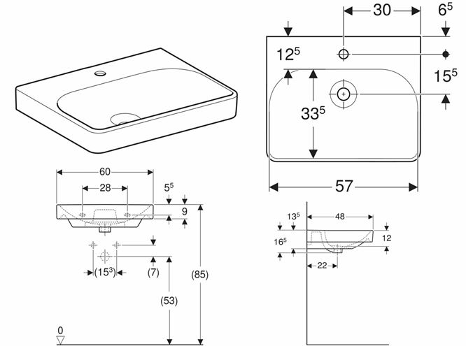 GEBERIT SMYLE SQUARE umyvadlo 60 cm, s otvorem pro baterii, bez přepadu 501.732.00.1 Obrázek - fotka