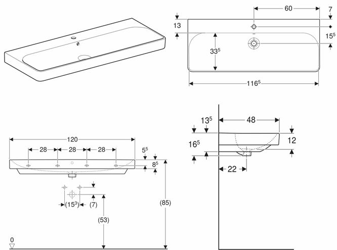GEBERIT SMYLE SQUARE umyvadlo 120 cm, s otvorem pro baterii a přepadem 500.226.01.1 Technický nákres