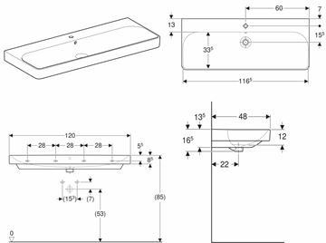 GEBERIT SMYLE SQUARE umyvadlo 120 cm, s otvorem pro baterii a přepadem 500.226.01.1 Technický nákres