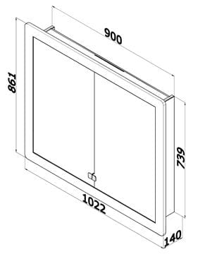 DŘEVOJAS GRID GA2OE 90 zrcadlová skříňka vestavná 102,4x86,3x14 cm, osvětlení, s el. zásuvkou, lamino, vysoce lesklá bílá 49334 Technický nákres