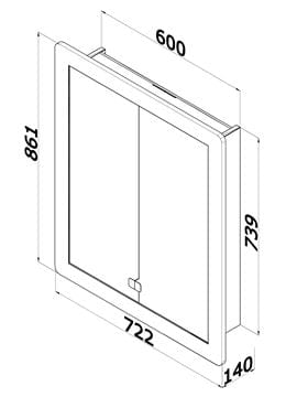DŘEVOJAS GRID GA2OE 60 zrcadlová skříňka vestavná 72,4x86,3x14 cm, osvětlení, s el. zásuvkou, lamino, vysoce lesklá bílá 49310 Technický nákres