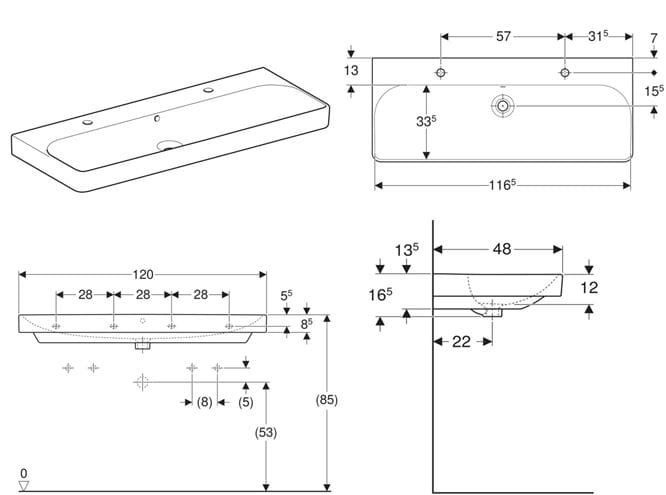 GEBERIT SMYLE SQUARE umyvadlo 120 cm, se 2 otvory pro baterie a přepadem 500.253.01.1 Technický nákres