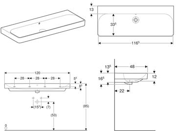 GEBERIT SMYLE SQUARE umyvadlo 120 cm, s přepadem 500.225.01.1 Technický nákres