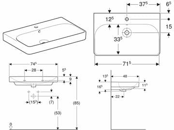 GEBERIT SMYLE SQUARE umyvadlo 75 cm, s otvorem pro baterii a přepadem 500.249.01.1 Technický nákres