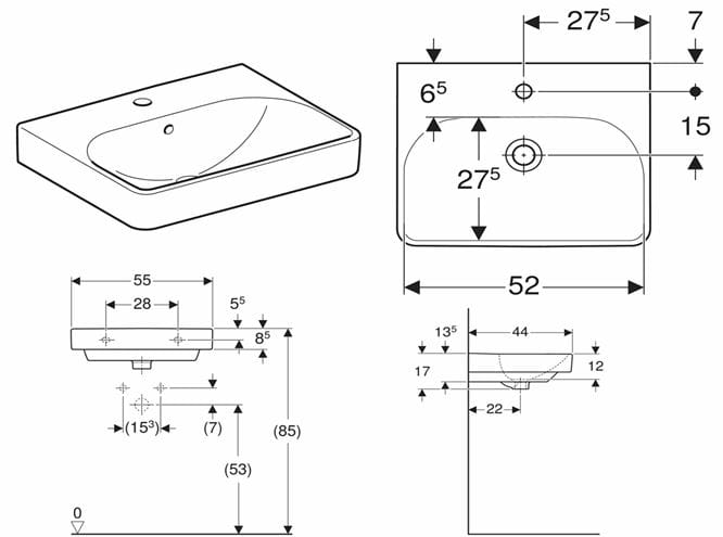 GEBERIT SMYLE SQUARE umyvadlo 55 cm, s otvorem pro baterii a přepadem 500.259.01.1 Technický nákres
