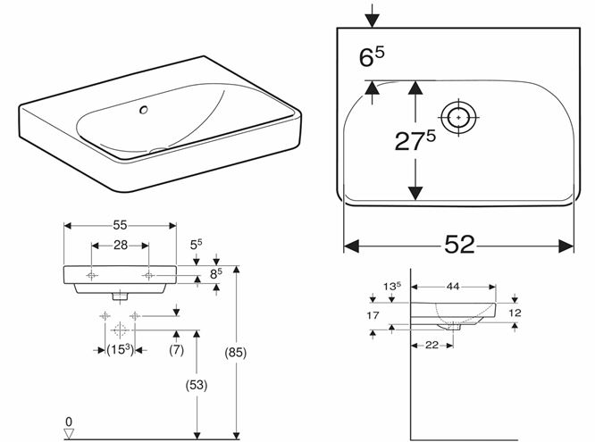GEBERIT SMYLE SQUARE umyvadlo 55 cm, s přepadem 501.574.00.1 Technický nákres