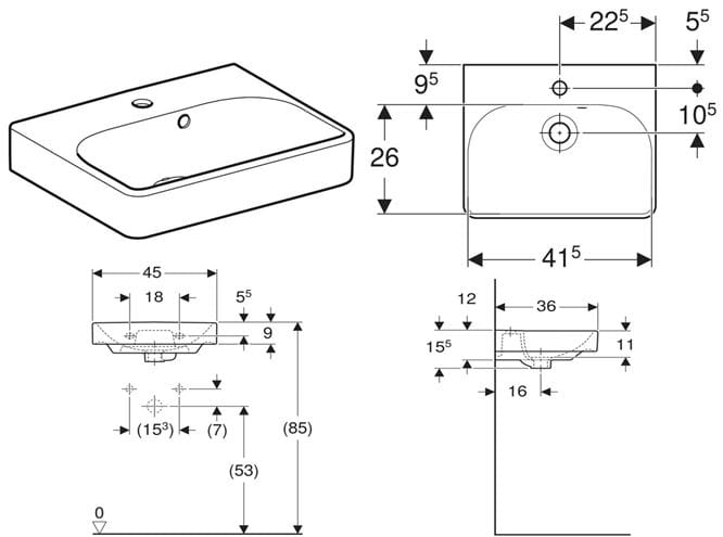 GEBERIT SMYLE SQUARE umývátko 45 cm, s otvorem pro baterii a přepadem 500.222.01.1 Technický nákres