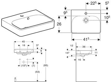 GEBERIT SMYLE SQUARE umývátko 45 cm, s otvorem pro baterii a přepadem 500.222.01.1 Technický nákres