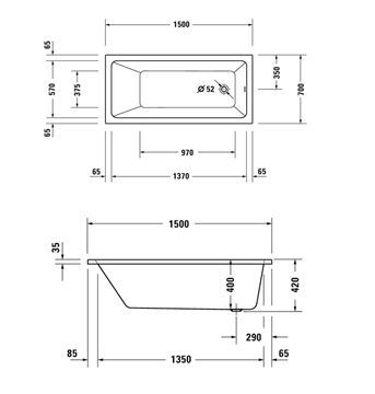 DURAVIT NO.1 vana 150x70 cm, bez nožiček, akrylát 700487000000000 Technický nákres