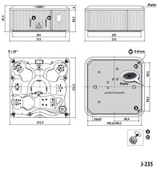 JACUZZI J-235 vířivka 213,5x213,5 cm, pro 6 osob, 35 trysek, s termokrytem, s osvětlením, platinum/roasted chestnut J235+903003210 MSF Technický nákres