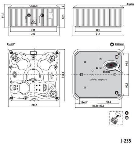JACUZZI J-235 vířivka 213,5x213,5 cm, pro 6 osob, 35 trysek, s termokrytem, s osvětlením, platinum/roasted chestnut J235+903003210 MSF Technický nákres