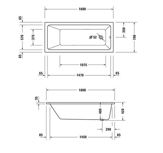DURAVIT NO.1 vana 160x70 cm, bez nožiček, akrylát 700488000000000 Technický nákres