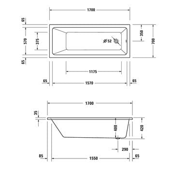 DURAVIT NO.1 vana 170x70 cm, bez nožiček, akrylát 700489000000000 Technický nákres