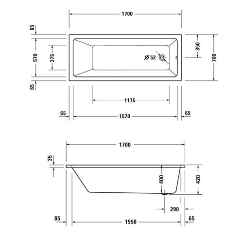 DURAVIT NO.1 vana 170x70 cm, bez nožiček, akrylát 700489000000000 Technický nákres