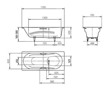 KALDEWEI VAIO SET STAR 955N vana 170x75 cm, bez nožiček, s otvory pro madla, smaltovaná ocel, Perl-Effekt 233523003001 Technický nákres
