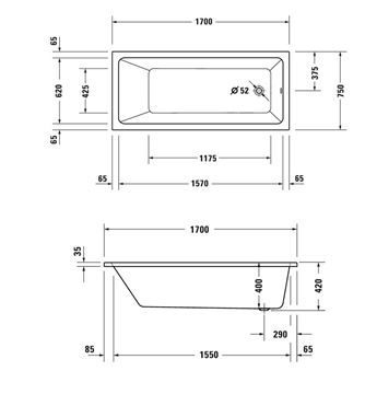 DURAVIT NO.1 vana 170x75 cm, bez nožiček, akrylát 700490000000000 Technický nákres