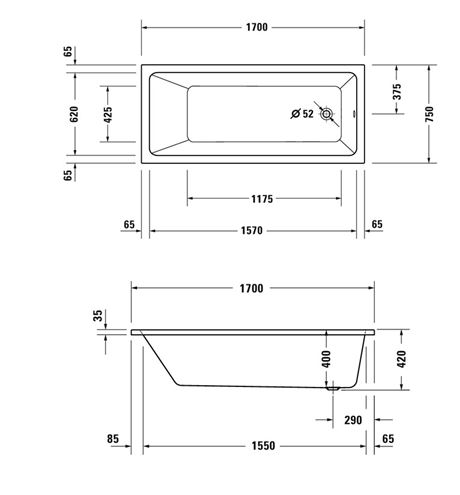 DURAVIT NO.1 vana 170x75 cm, bez nožiček, akrylát 700490000000000 Technický nákres