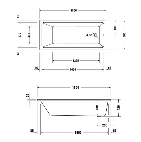 DURAVIT NO.1 vana 180x80 cm, bez nožiček, akrylát 700491000000000 Technický nákres