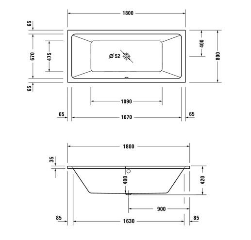 DURAVIT NO.1 vana 180x80 cm, pro 2 osoby, bez nožiček, akrylát 700492000000000 Technický nákres