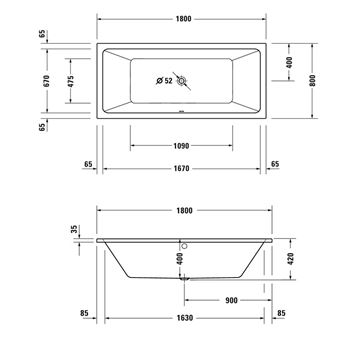 DURAVIT NO.1 vana 180x80 cm, pro 2 osoby, bez nožiček, akrylát 700492000000000 Technický nákres