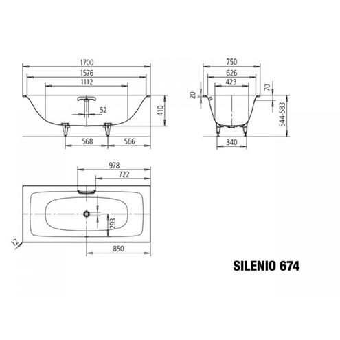 KALDEWEI SILENIO 674 vana 170x75 cm, bez nožiček, smaltovaná ocel 267400010001 Technický nákres